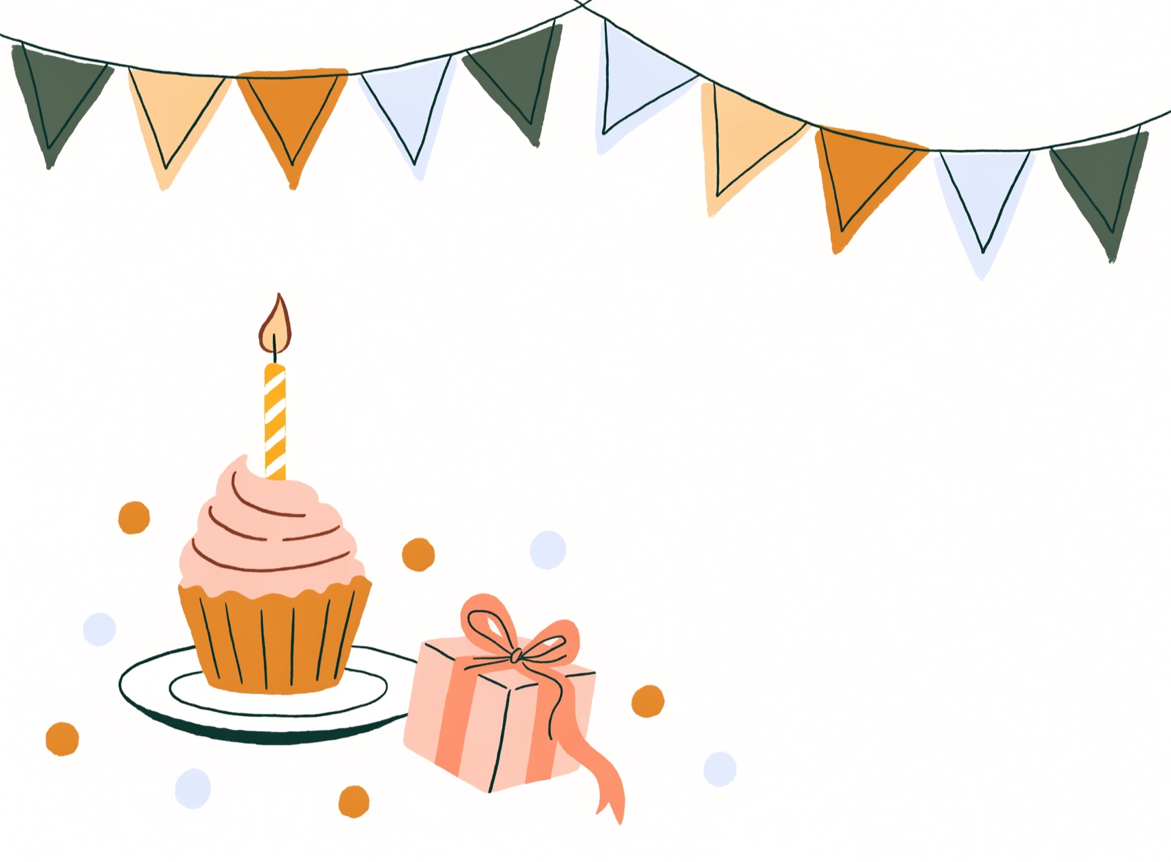 Rincón de celebración con banderines, un pastelito con una vela y un regalo
