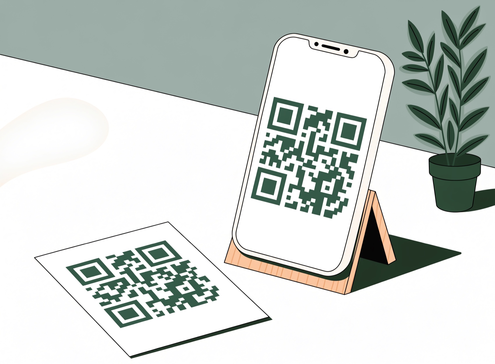 Un teléfono en su base mostrando un código QR junto a una tarjeta QR impresa
